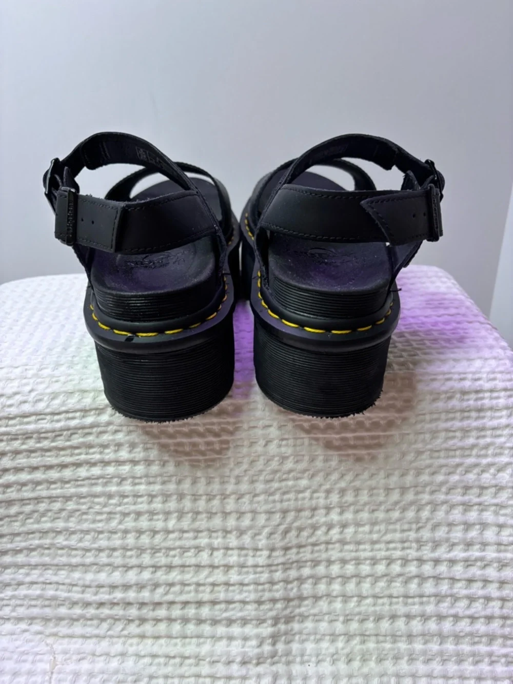Dr. Martens Voss Quad Black Platform Sandals with Yellow Stitching Size 7